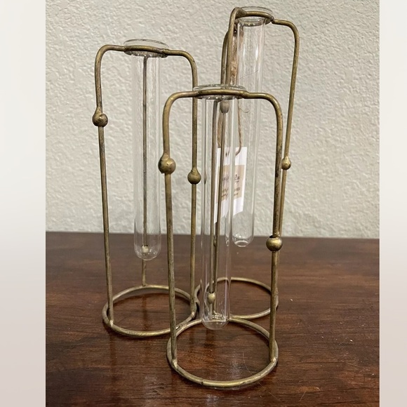 Gold Metal Hinged 3 Glass Test Tubes Vase Set. - Picture 2 of 13